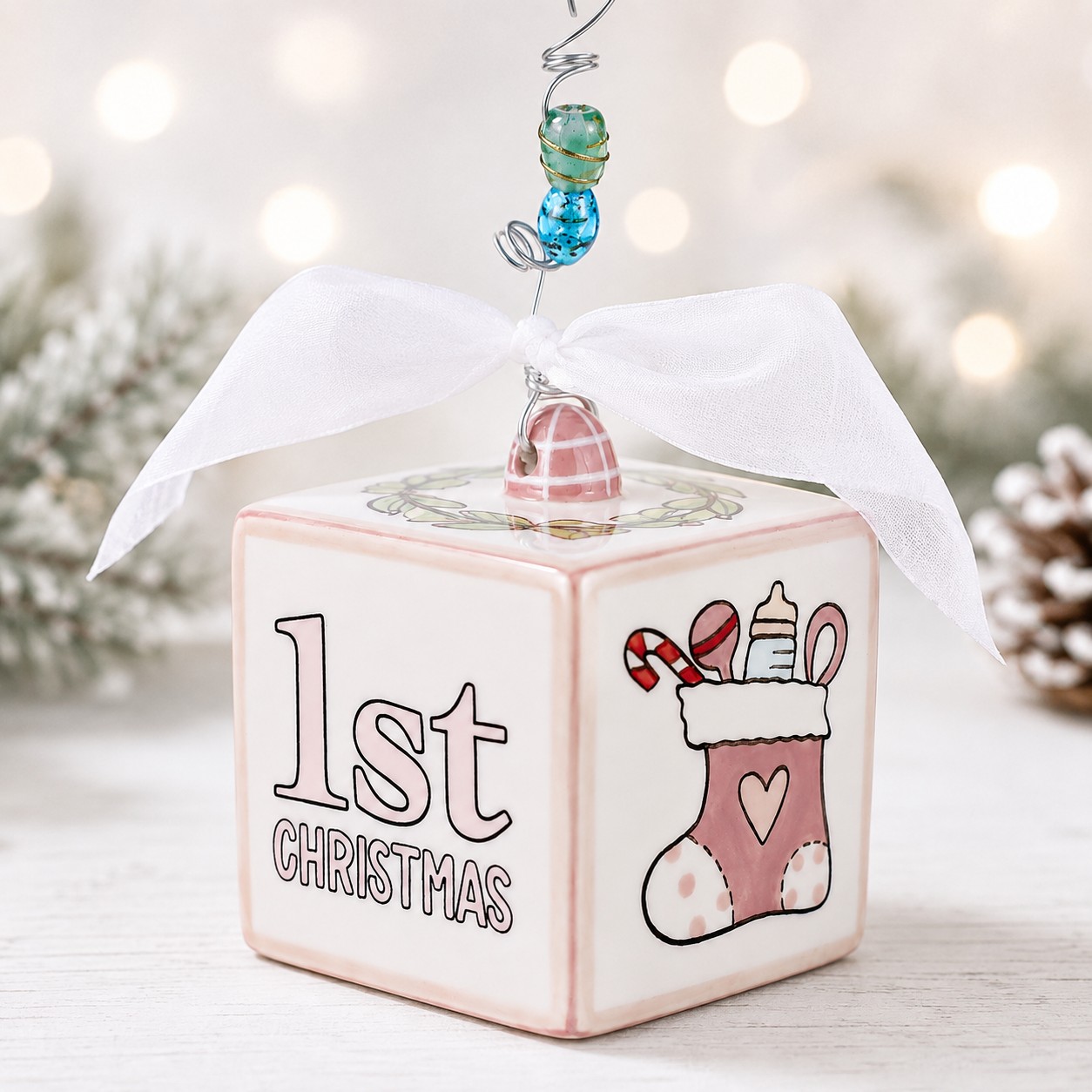 Pink Baby's 1st Christmas Block Ornament